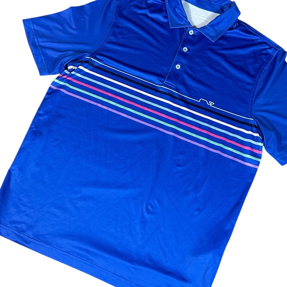 Vineyard Vines Polo Mens M Blue Multi-Color Striped Performance Short Sleeve‎